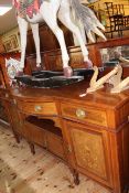 Late Victorian/Edwardian inlaid mahogany bow front centre sideboard, 135.5cm by 198cm by 76cm.