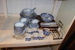 Blue and white Oriental porcelain, wooden serving tray, etc.