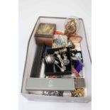 Box with mostly jewellery, some souvenir teaspoons, etc.