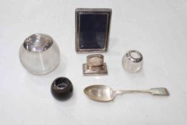 Silver mounted match strikers, menu stand, small photograph frame and EP spoon (6).