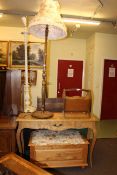 Oak console table, pine blanket box, standard lamp and shade,