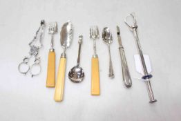 Pair Georgian silver sugar nips, together with other flatware and enamel EP mechanical tongs,