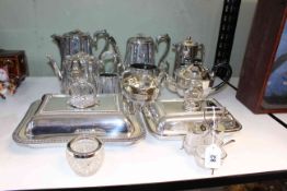 Collection of silver plated wares including tea sets, tureens, etc.