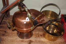 Copper and brass coal scuttle with scoop and three jam pans.