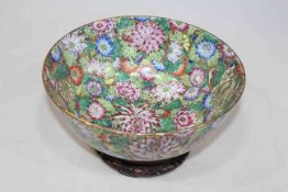 Large Chinese flower decorated bowl, 31cm diameter, with stand.