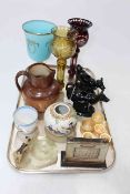 Tray lot with silver desk calendar, two cow creamers, glass vases, stoneware jug,