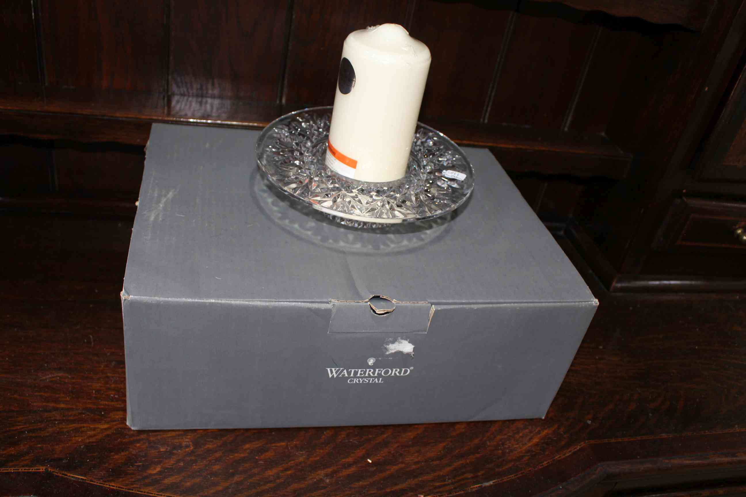 Waterford crystal 'Bethany' candle holder with box and candle.