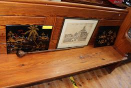 Two Japanese black lacquered wall plaques, African cane and an old print of Darlington.