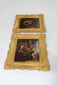 Pair antique gilt framed paintings on tin of Inn scenes, images 19cm by 16cm and 16cm by 19cm.