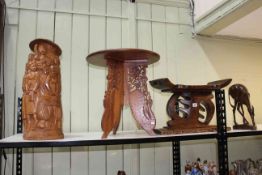 Indian games table, African carved wood sculpture, stool and carving of a deer (4).