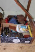 Two boxes of collectables including Ordnance maps, cameras, rulers, penknives, etc.