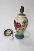 Moorcroft Pottery Hibiscus table lamp, shaded blue/pale green ground, 27cm to top of pottery.