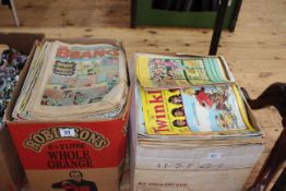 Two boxes of magazines including Beano, Twinkle, etc, date c1980's.