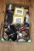 Box of collectables including Natwest pig, stamps, figurines, watch, pens etc.