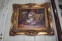 Decorative cat picture in gilt frame, 50cm by 60cm including frame.