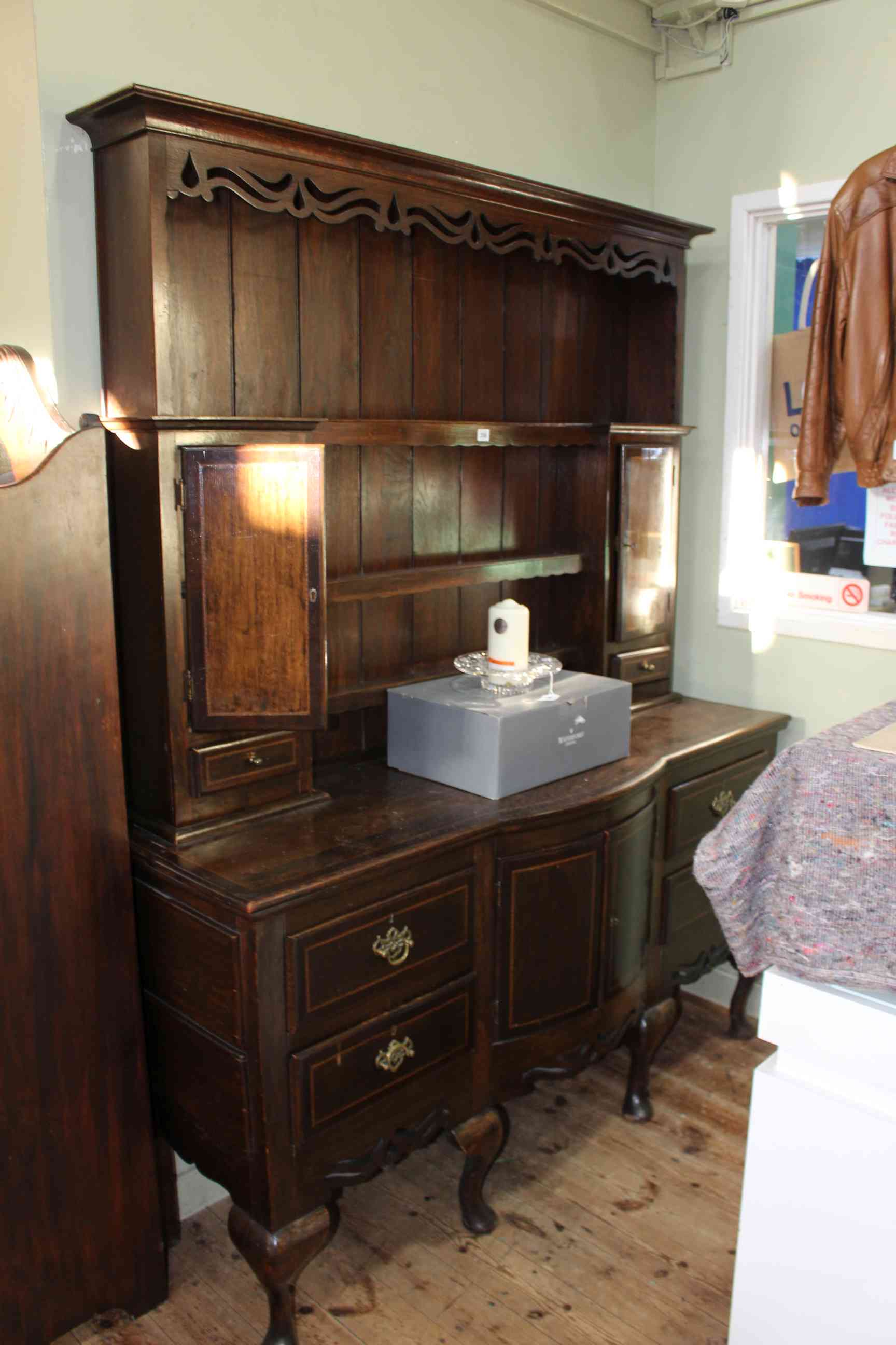 19th Century oak, mahogany and chequer inlaid shelf and cupboard back dresser,