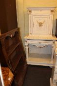 Victorian painted oak cabinet, painted wine rack and pine two drawer wall shelves (3).