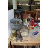 Collection of metalwares and glass including coloured glass roosters, kettle on stand,
