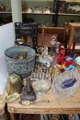 Collection of metalwares and glass including coloured glass roosters, kettle on stand,