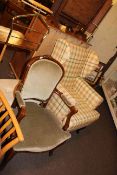 Wing armchair in light tartan fabric, French style fauteuil and valet stool (3).
