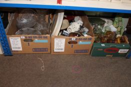 Three boxes of ceramics and glass including Maling, camera, meat plate, figurines, etc.