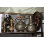 Ship's wheel, Eastern metal kettle and ewers, Eastern copper tray and Marley horse.