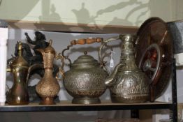 Ship's wheel, Eastern metal kettle and ewers, Eastern copper tray and Marley horse.