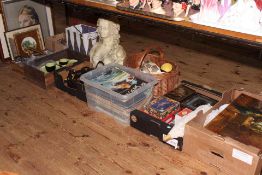 Collection of dolls, porcelain, horse tack, magazines, tins, bust, prints, coffee grinder, etc.