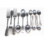 Three George III silver table forks, London 1816, five ornate silver teaspoons, and three EP spoons.