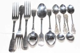 Three George III silver table forks, London 1816, five ornate silver teaspoons, and three EP spoons.