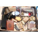 Box of collectables including Mauchline box, costume jewellery, Masonic jewel, etc.