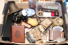 Box of collectables including Mauchline box, costume jewellery, Masonic jewel, etc.