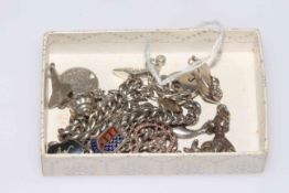 Silver charm bracelet and seventeen charms.