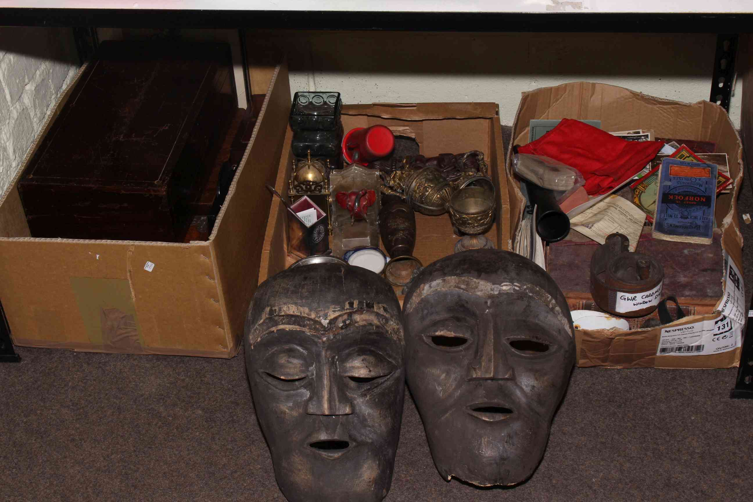 Victorian wood boxes, carved wood face masks, clocks, metalware, postcards, two oil paintings, etc.