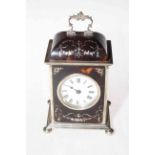 Silver and tortoiseshell boudoir mantel clock, having silver inlay decorations to tortoiseshell,