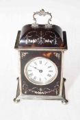 Silver and tortoiseshell boudoir mantel clock, having silver inlay decorations to tortoiseshell,