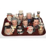 Eleven Royal Doulton medium and small character jugs including Mr Micawber and Sairey Gamp tobies.