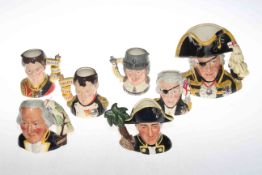 Seven boxed Royal Doulton character jugs of notable figures, including Lord Nelson.