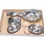 Silver items comprising Art Nouveau brush, Newcastle tongs 1838, pair napkin rings,