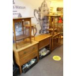 Oak two drawer chest, oak lidded cabinet, three occasional tables,
