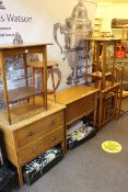 Oak two drawer chest, oak lidded cabinet, three occasional tables,