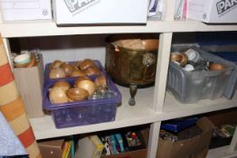 Brass lion mask and paw foot log basket, ramekins, wooden bowls, wicker basket, etc.