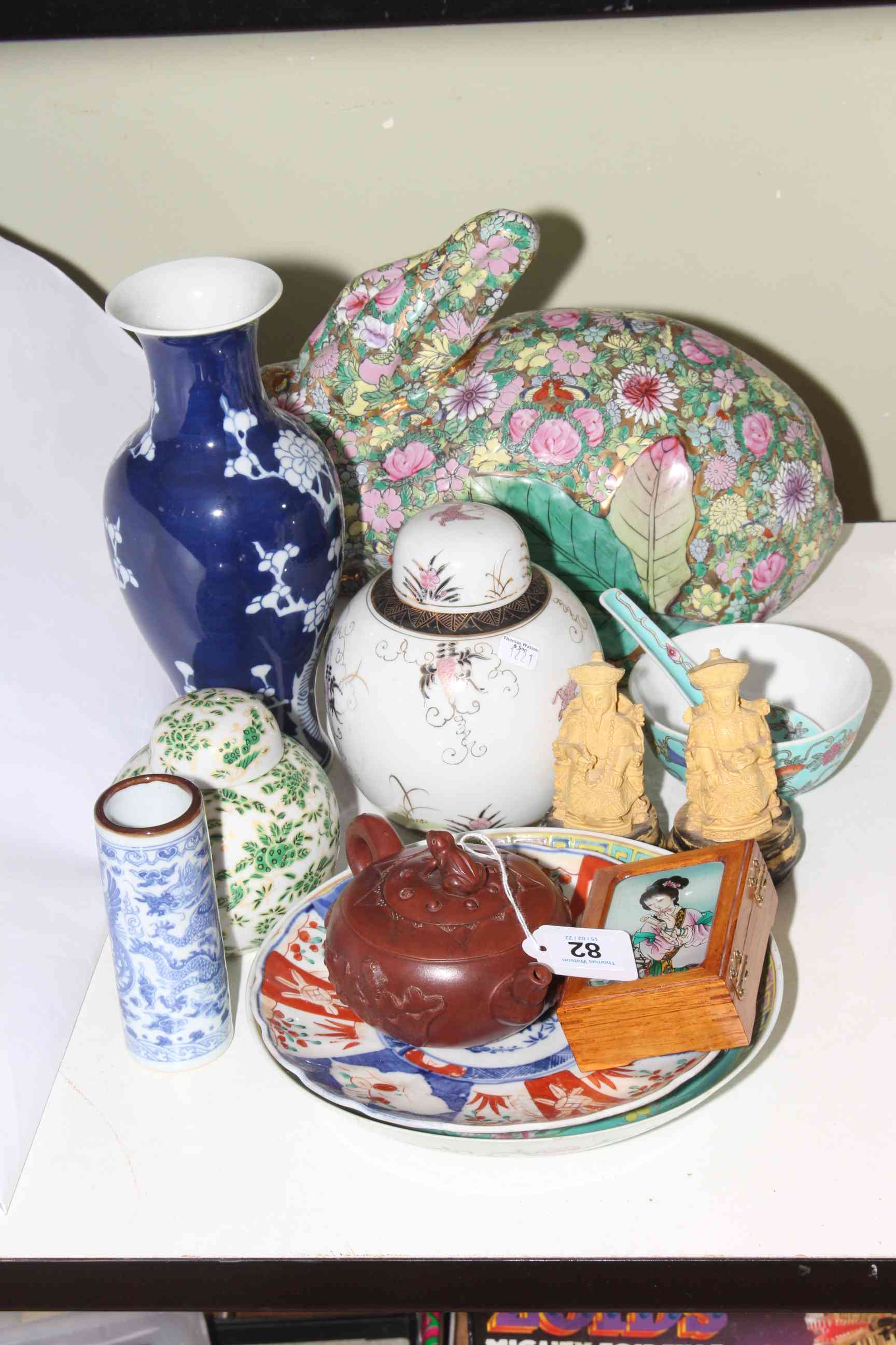 Collection of Oriental Wares including decorative rabbit, blue and white vases, ginger jars,