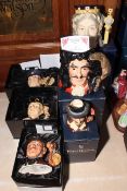 Six Royal Doulton boxed character jugs including Captain Hook, Queen Victoria and Fife Player,