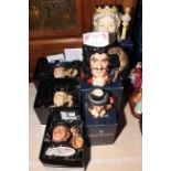 Six Royal Doulton boxed character jugs including Captain Hook, Queen Victoria and Fife Player,