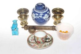 Oriental collection comprising ginger jar, Canton cup and saucer, pair brass vases, foo dog,