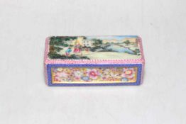 Small Chinese rectangular pierced box, painted with European landscape scene and flowers,