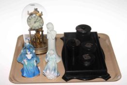 Tray lot with Kundo anniversary clock, silver mounted ebony trinket set,