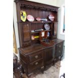 19th Century oak, mahogany and chequer inlaid shelf and cupboard back dresser,