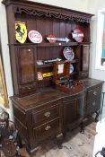 19th Century oak, mahogany and chequer inlaid shelf and cupboard back dresser,